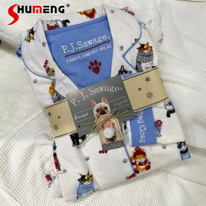 Lange Hosen Homewear Set für Frauen Herbst Winter Cartoon Print Warme Schlaf Anzüge Weibliche Reine Baumwolle Baumwolle Pyjamas Outfits