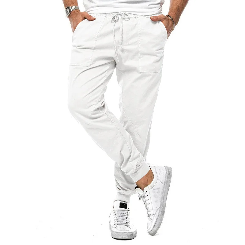 Spring Summer New Solid Color Fashion Elastic Waist Cargo Pants Man High Street Casual Solid Color Pockets Drawstring Trousers