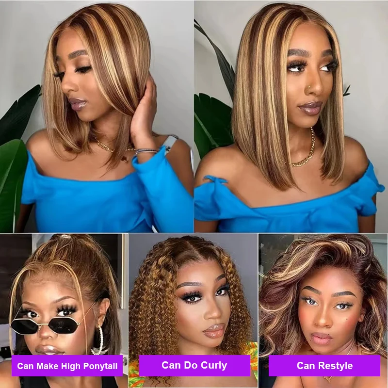 Прямой 13x4 кружевной фронтальный парик Боб, плотность 200%, прозрачные кружевные парики Боб, 4/27, омбре, предварительно выщипанные парики из 100% человеческих волос