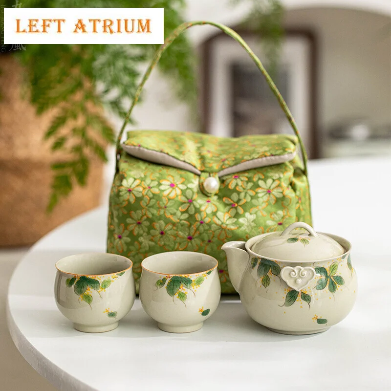 

Hand-painted Osmanthus Travel Tea Set Boutique Hand Grasp Pot Tea Set Kit Antique 1 Pot 2 Cups Tea Maker Tote Bag Ornament Gifts