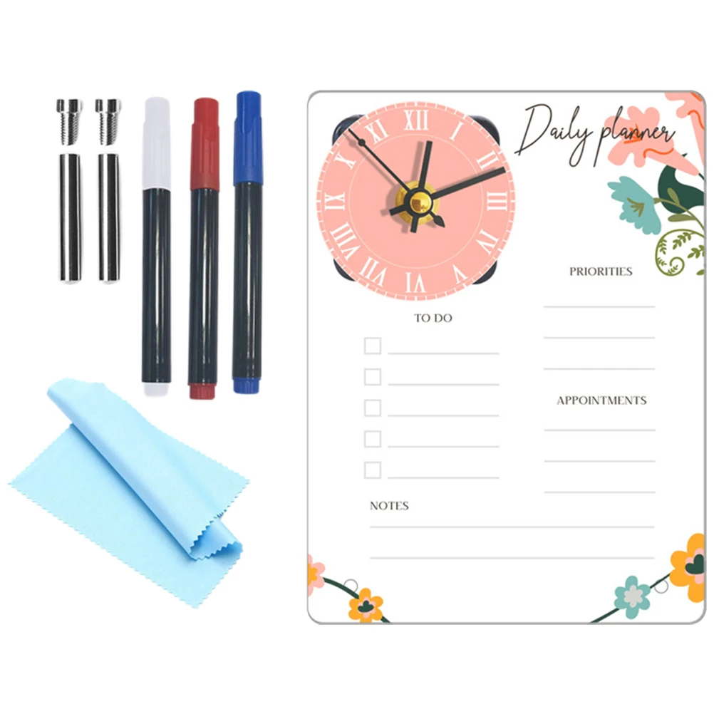 

1 Set Acrylic Desktop Planning Board Clock Clear Message Schedule Organizer Erasable Writing Tabletop Stand Office Memo Dry