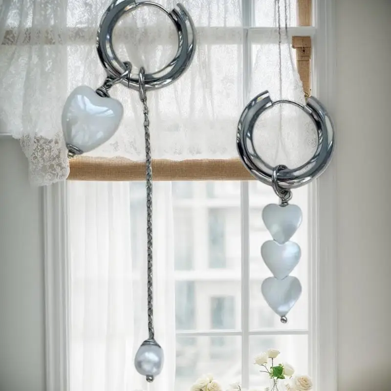 Retro New Trendy Geometric Stereo Heart-Shaped Earrings For Women Asymmetrical Imitation Pearl Earrings Punk Jewelry