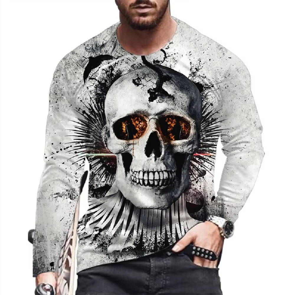 

Spring Autumn Personalized 3D Skull Printing Men's Long-Sleeved T-shirt Outdoor Casual Fashion Round Neck Pullover Men Clothing