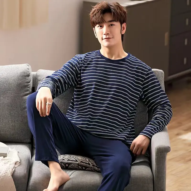 

2Pcs/set men's pajamas set of large size long-sleeved long trousers autumn and winter students home clothing round neck autumn m
