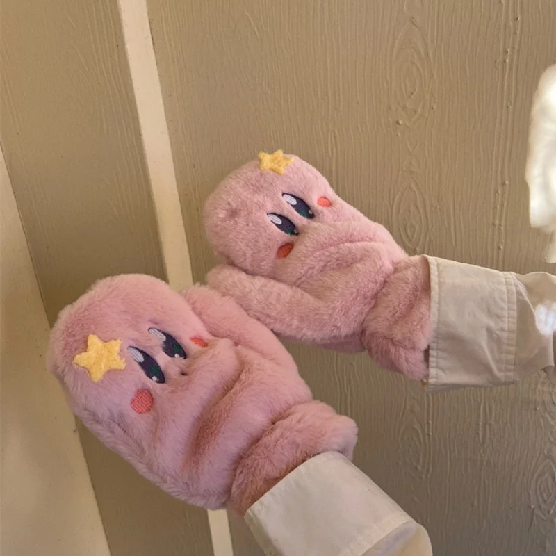 Pink Kirby Cute Thick Plush Hat & Gloves Warm and Windproof Winter Student Cartoon Gloves Set Anime Cute Plush Knitted Gloves