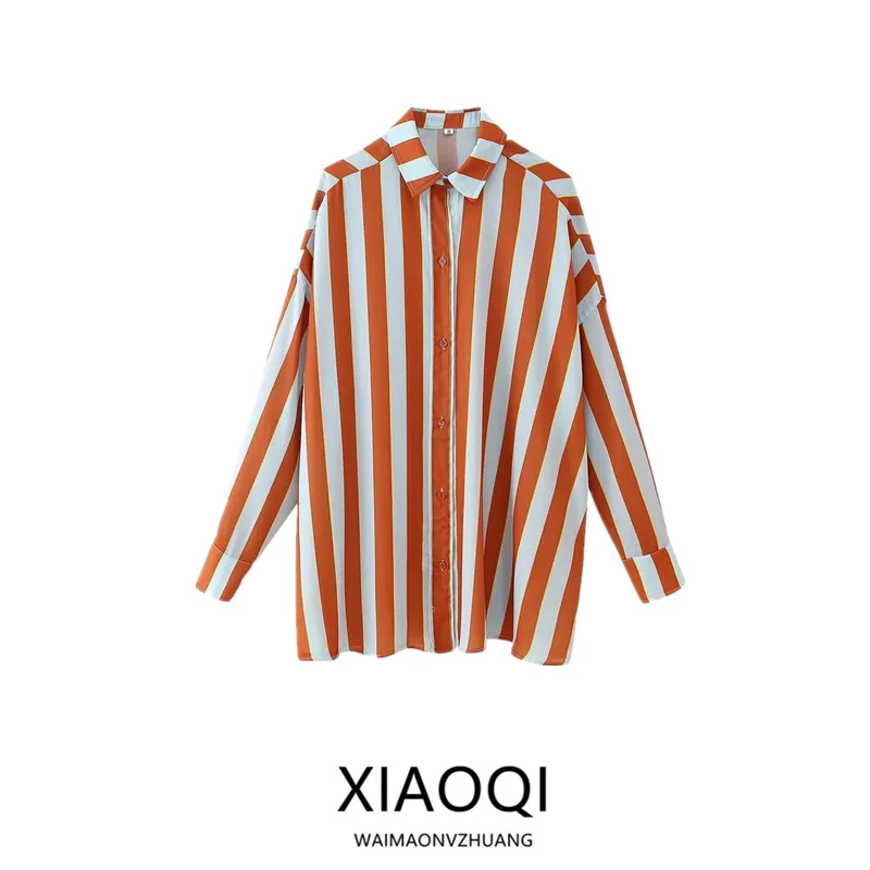 

Summer 2025 Women's Loose Fit Long Sve Collar Striped irt Adhesive Fiber Anti UV Commute Sle Regular Length
