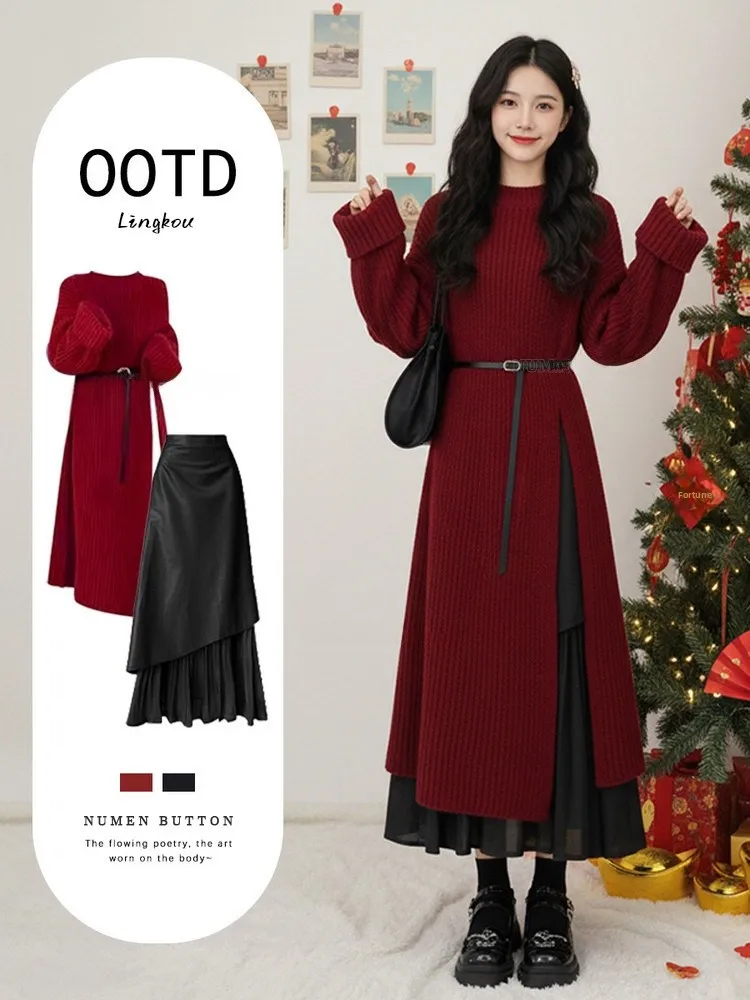 

Faionable plus Size Autumn Winter Set Women's Red New Year Robe Sweater with Slimming Skirt Two Piece Set Casual Sle