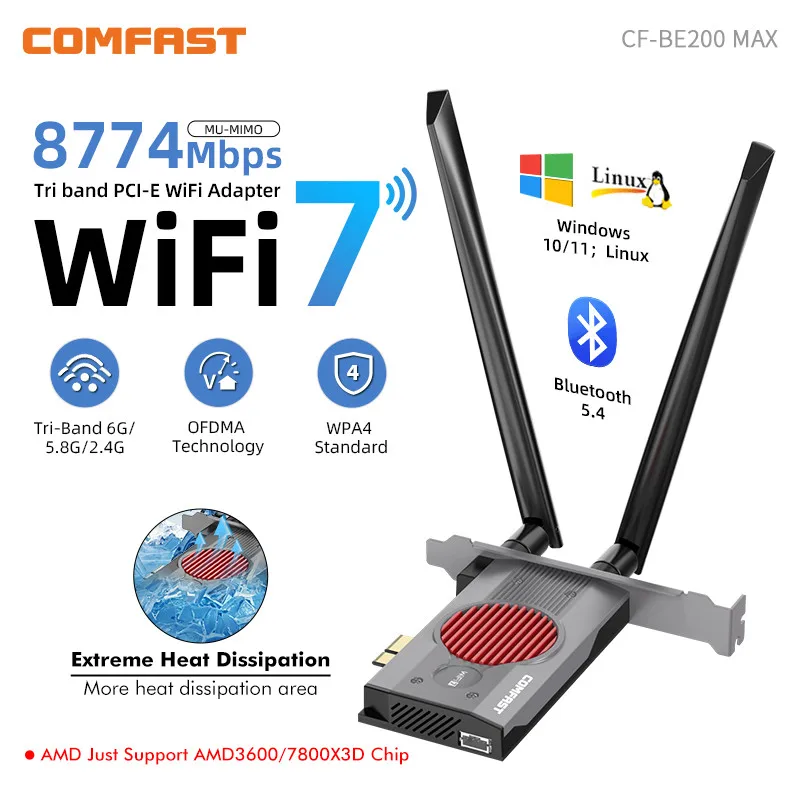 Wi-Fi адаптер 7 Intel BE200 Pci Express, Wi-Fi карта 8774M, Wi-Fi антенна BT5.4 6 ГГц WPA4, теплоотвод, Wi-Fi адаптер