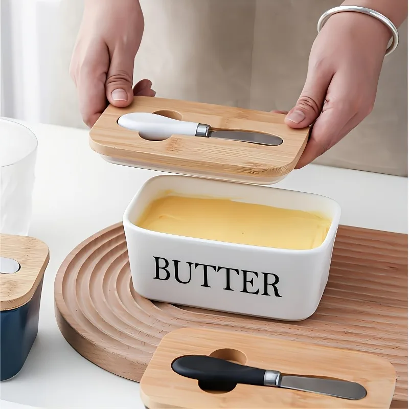 

Butter Storage Box Ceramic Rectangle Butter Container Butter Cutting Refrigerated Cheese Storage Box with Wooden Lid