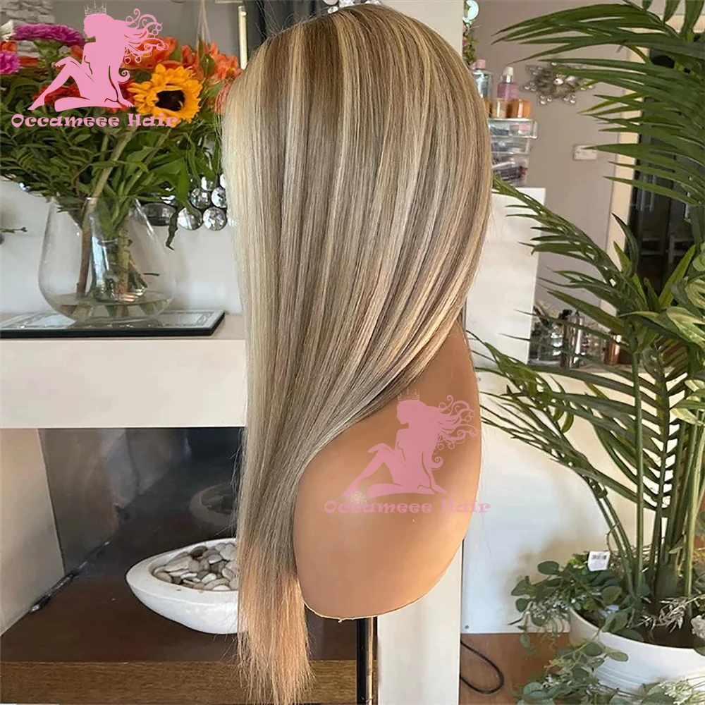 Perucas de cabelo humano marrom destaque loira peruca frontal do laço preplucked natural em linha reta transparente perucas frontais do laço cabelo brasileiro