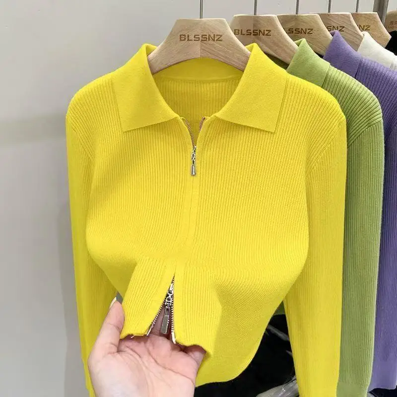 

New Double Zipper Knitted Sweater Coat Cardigan Women Spring Short Loose Korean Knitted Sweater Lady Long-sleeved Knitwear Tops