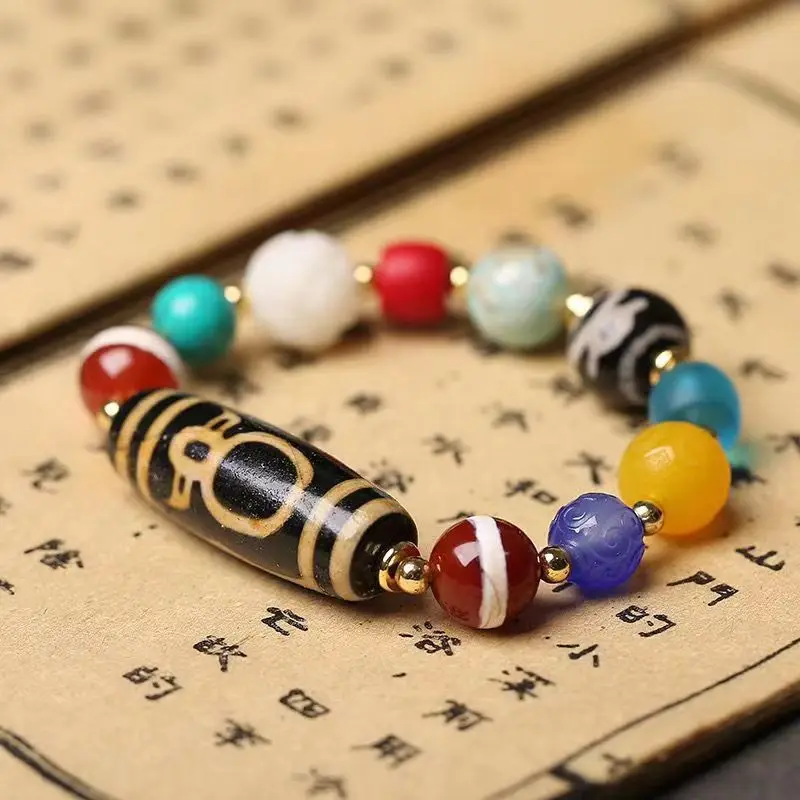 Tibetan Style God of Wealth Descends Multi-Treasure Old Agate Dzi Bead Single Circle Bracelet