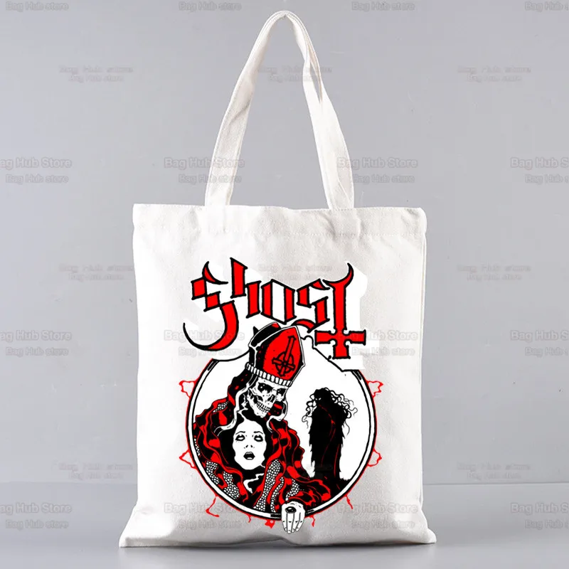 Ghost Rock Band Bolsa de compras para homens e mulheres, sacolas de algodão reutilizáveis, lona, sacolas de personagens populares, alta capacidade, prevalente