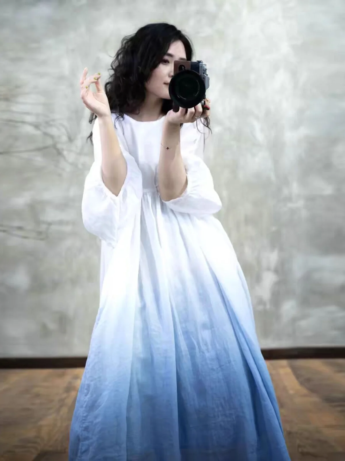 Summer Beach Vaion Women's Cotton Linen adient Color Dr Artistic Retro Sle Long A-Line Skirt with Lantern Sves