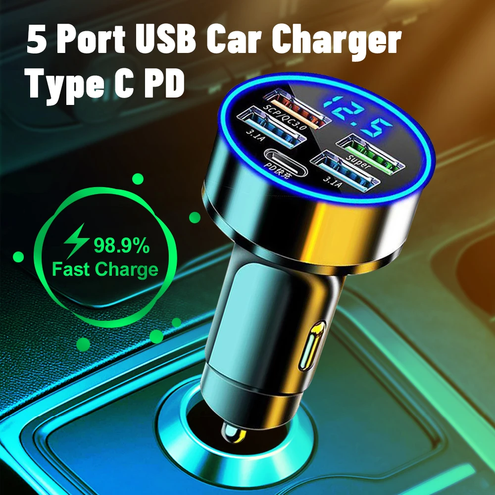 5 Ports USB Car Charger LED Digital Display Auto Charging Adapter Type C PD 15W Fast Charging Adapter for Mobile Phone Tablet