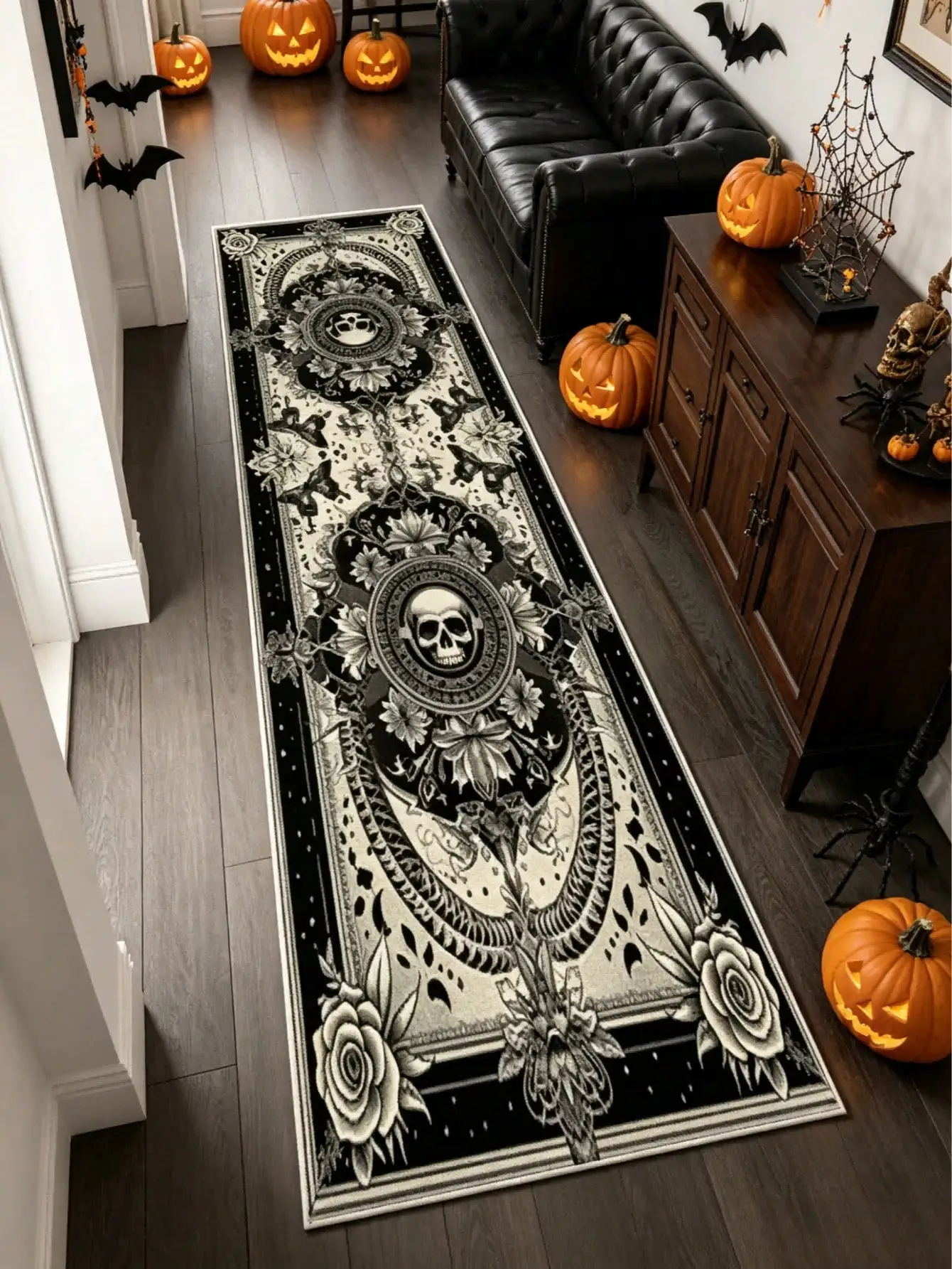 Vintage Skull-Themed Runner Rug Unique Decorative Floor Mat for Home