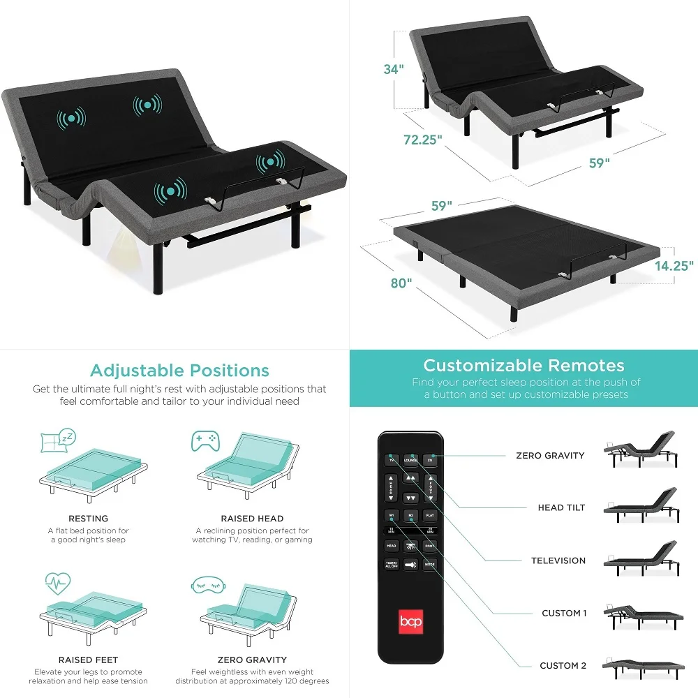 

XL Adjustable Bed Base Frame and 12 inch Green Tea Memory Foam Mattress, Electric Bed Base Wireless Remote, Zero Gravity Bed, H