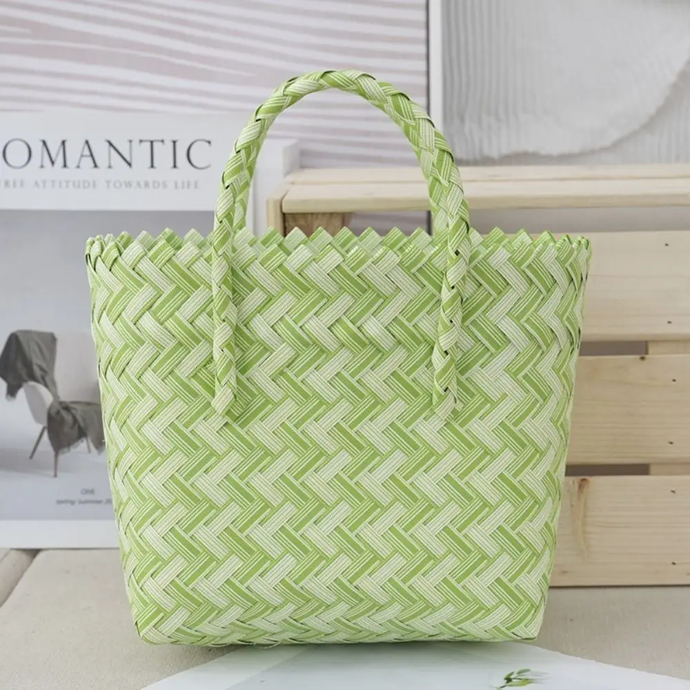 Bolso de mano con contraste de Color caramelo para verano, canasto tejido a mano para verduras, bolso de hombro de gran capacidad