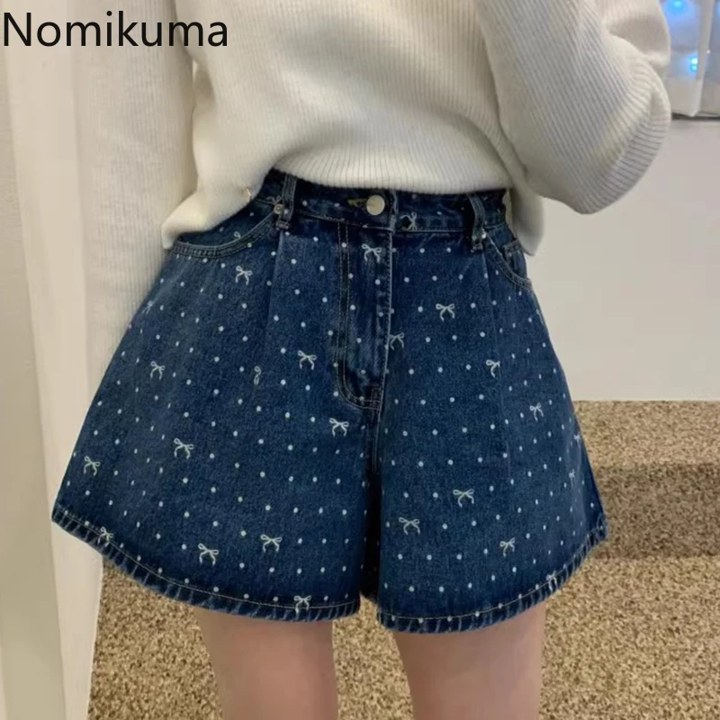 

Summer Denim Shorts Women Bow Polka Dot Cute Wide Leg Pants Pantalones Cortos De Mujer Fashion Casual Vintage Shorts New Bottoms