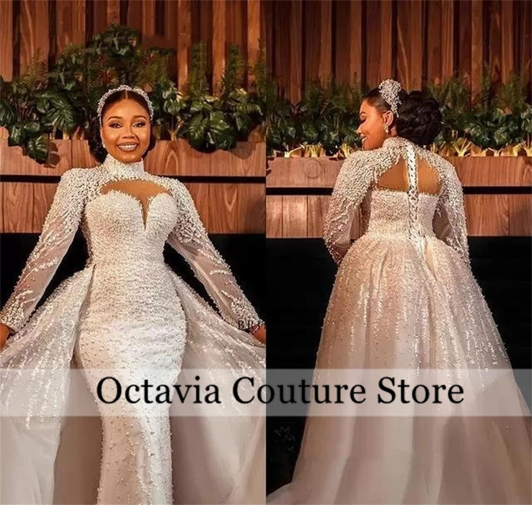 

White Pearls Wedding Dresses For Bride High Neck Full Sleeve Special Occasion Dress Detachable Train Formal Gown Customized