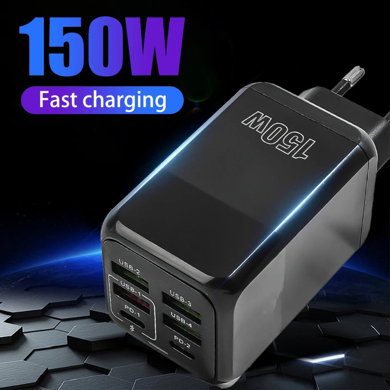 150W Multi-Port Charger Head 4USB+2PD Mobile Phone Charger Universal Desktop Fast Charging Station Multi Port Fast Charging