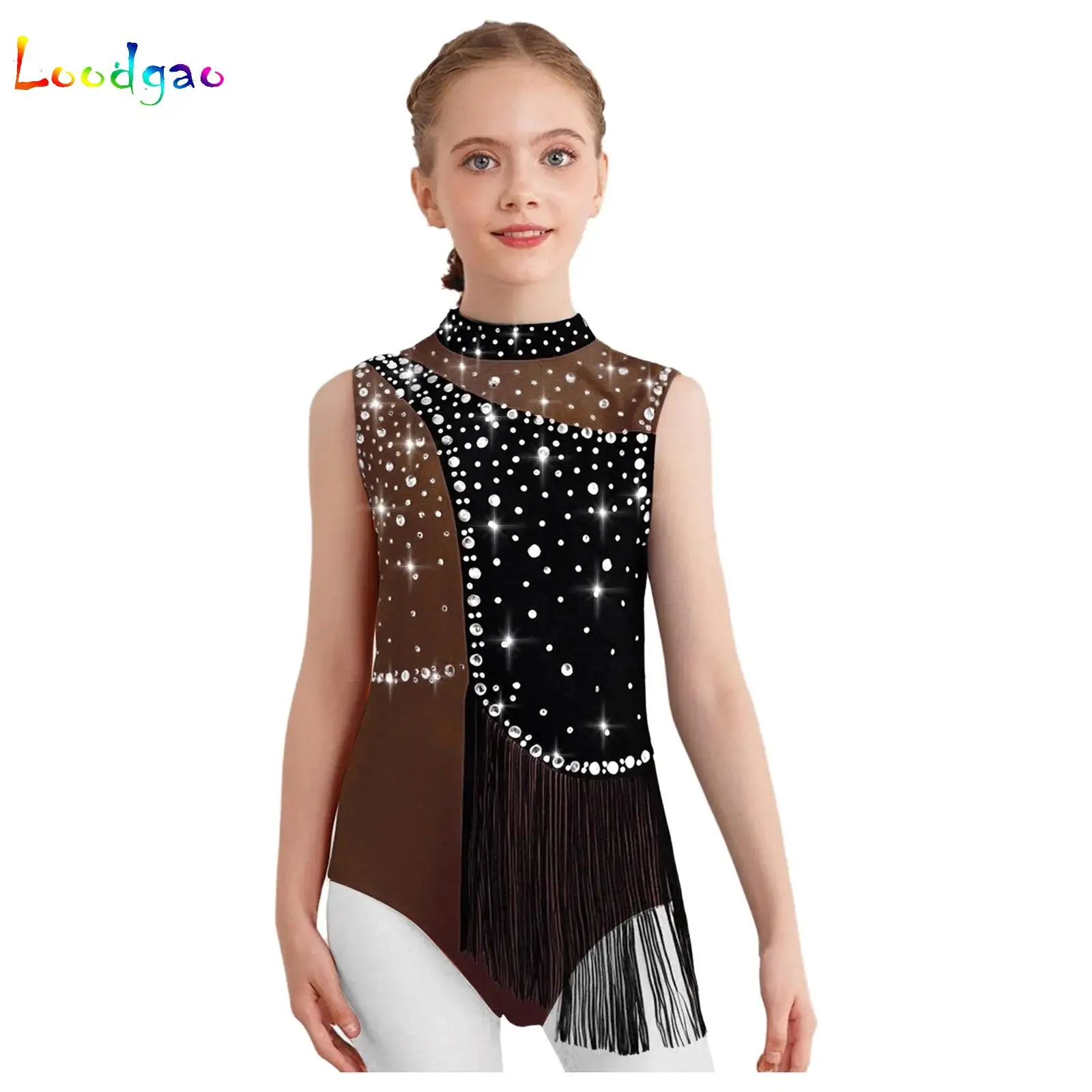 

Kids Girls Color Block Ballet Dance Dress Rhythmic Gymnastics Leotard Lyrical Modern Costume Shiny Rhinestones Tassels Bodysuit