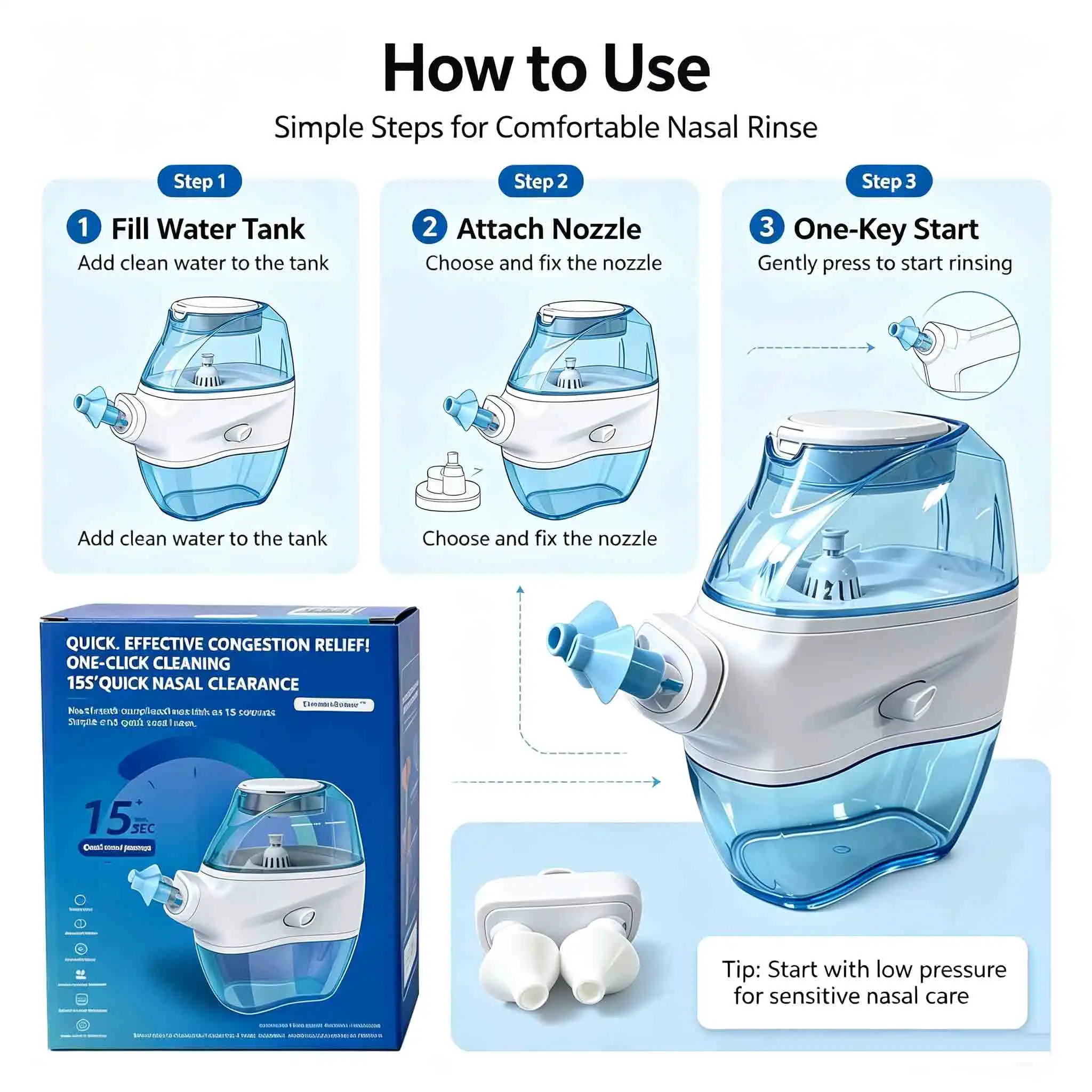 Electric nasal irrigator, COVID-specific nasal rinse solution, comes with 20 packs of COVID-specific salt. Specifically designed - view 4