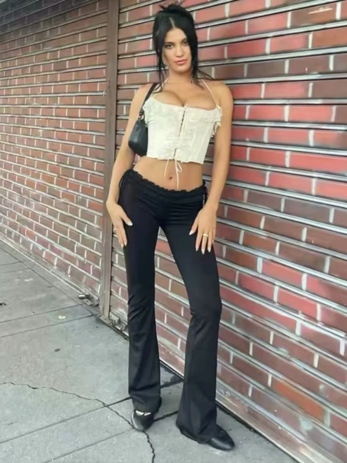 

Low Waist Flared Pants Black Elastic Waist Side Drawstring Spicy Girl Lace Trim Casual Trousers Korean Style Women's Jeans