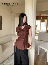 CHEERART Designer Brown Sleeveless Shirts & Blouses Women Button Up Ribbon Summer Top Woman 2024 Trending Fashion Clothes