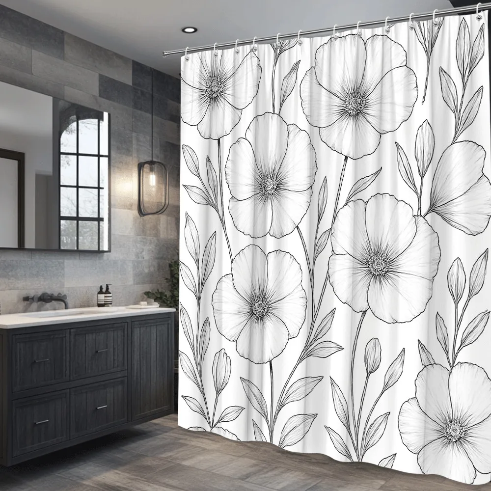 Black White Floral Sketch Shower Curtain Machine Washable All Season Waterproof Privacy Protection Line Art Design Minimalist