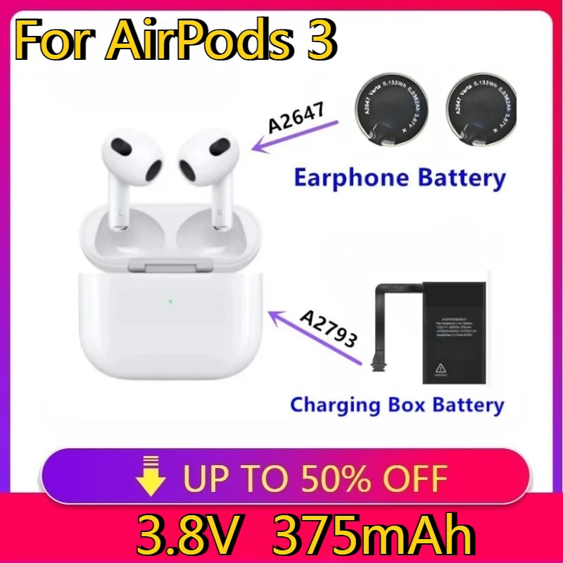 

New High Quality A2647 Replacement Battery for Apple Airpods 3 A2564 A2565 for Air Pods 3 Rechargeable Batteries Batteria A2793