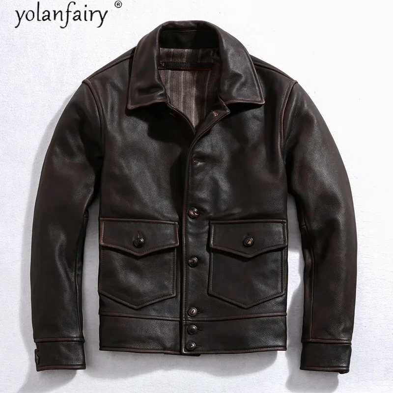 

2021 New Vintage Leather Jacket Men Motorcycle Genuine Cow Leather Coat Man Spring Fall Coats Chamarras Para Hombre KJ7031