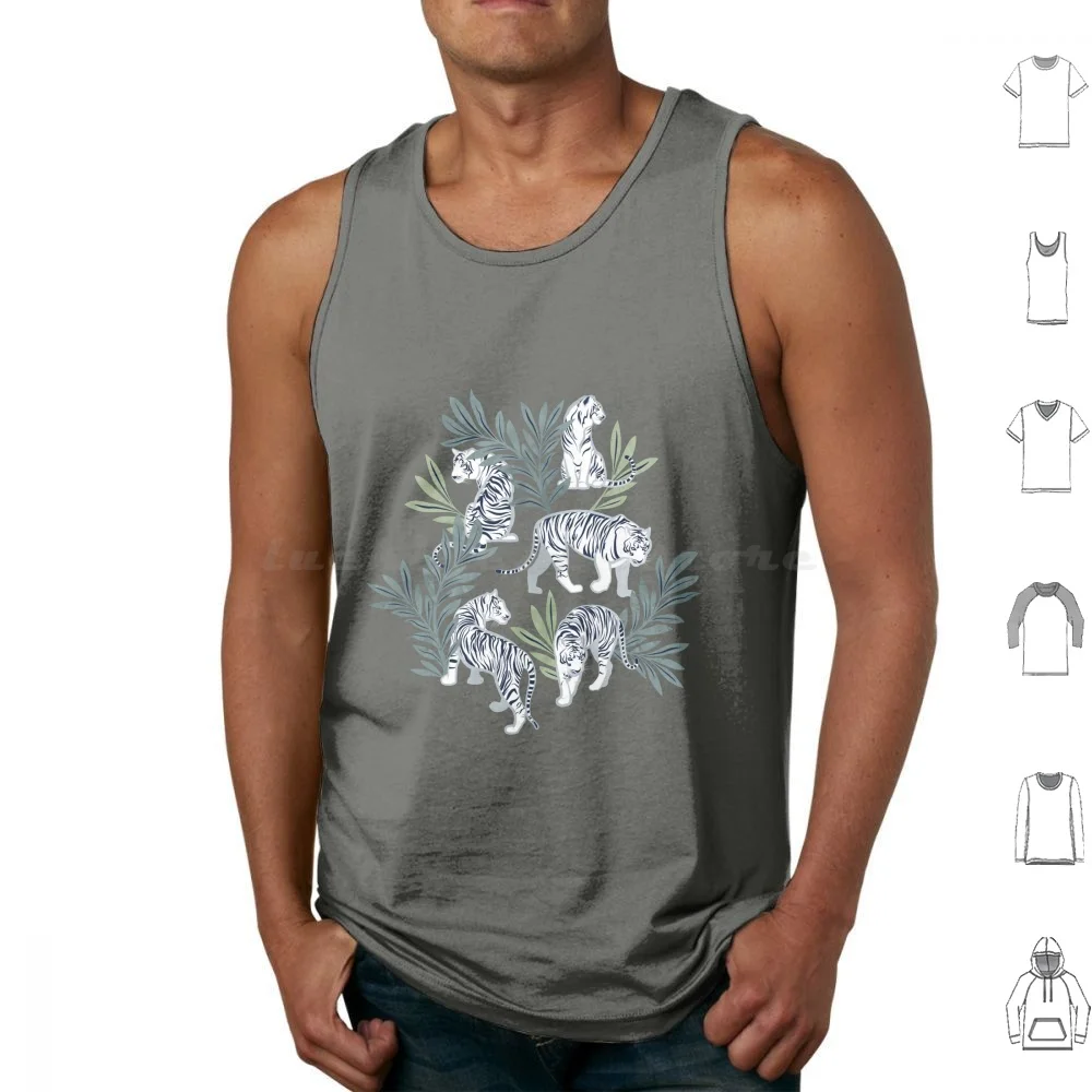 Nouveau White Tigers Navy Blue Background Green Leaves White Animals Tank Tops Vest Sleeveless Tiger Illustration