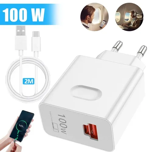 Dwukanałowa ładowarka 100W Super Charger z wtyczką EU + kabel do szybkiego ładowania Type-C do Type-C o długości 2 metrów dla Huawei