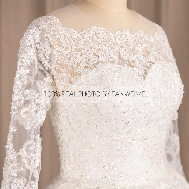 9239#100% Real Photos Off Shoulder Illusion Beading Lace Long Sleeve Princess Ball Gown Wedding Dresses Wholesale