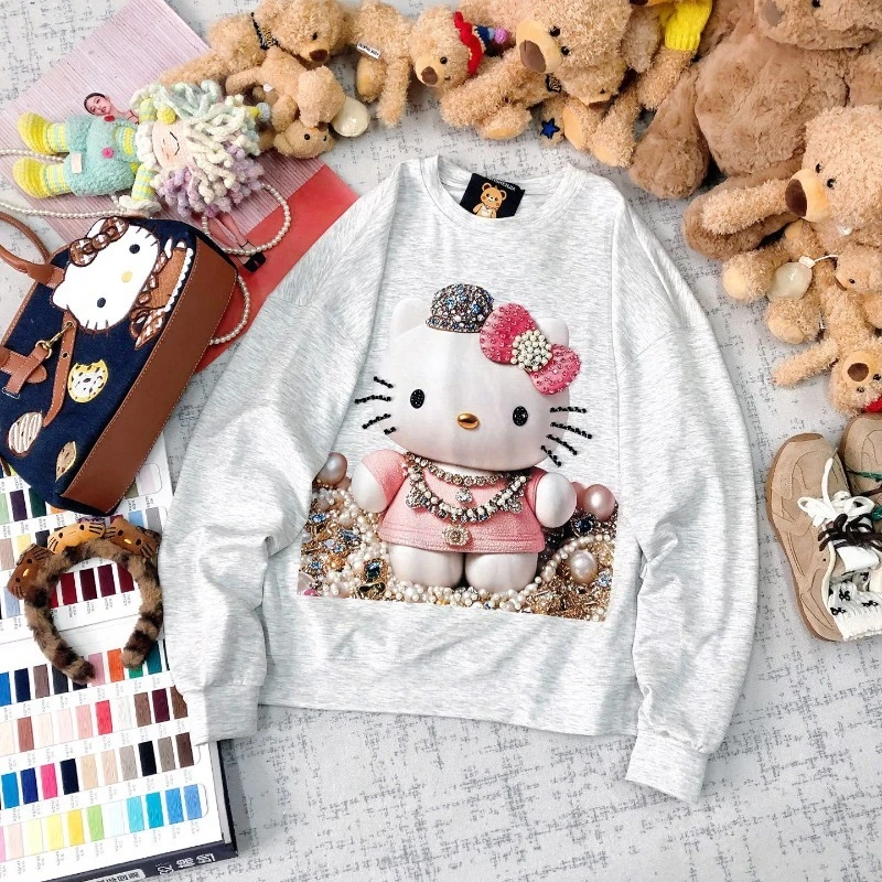 Korean Style Age-reducing Fashion Heavy Industry Bead Cartoon Printing Hoodies Loose And Thin New Long-sleeved Sweatshirts Women