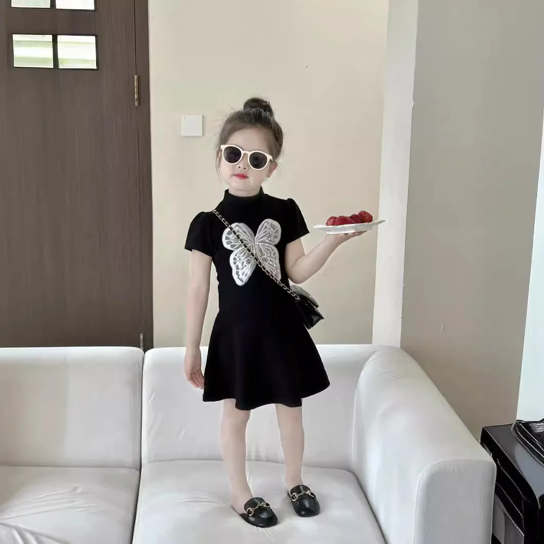 

Children Dress 2024 Summer New Children Dress Girls Vintage French Short-sleeved Dress Bow Waist Skirt Girl Black Skirts