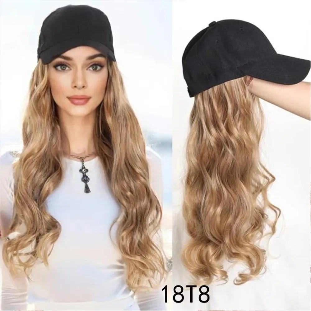 Peluca de gorra de béisbol para mujer y niña, extensiones de cabello ondulado, cuerpo largo, sombrero negro, postizos de fibra sintética de calor, ajustable