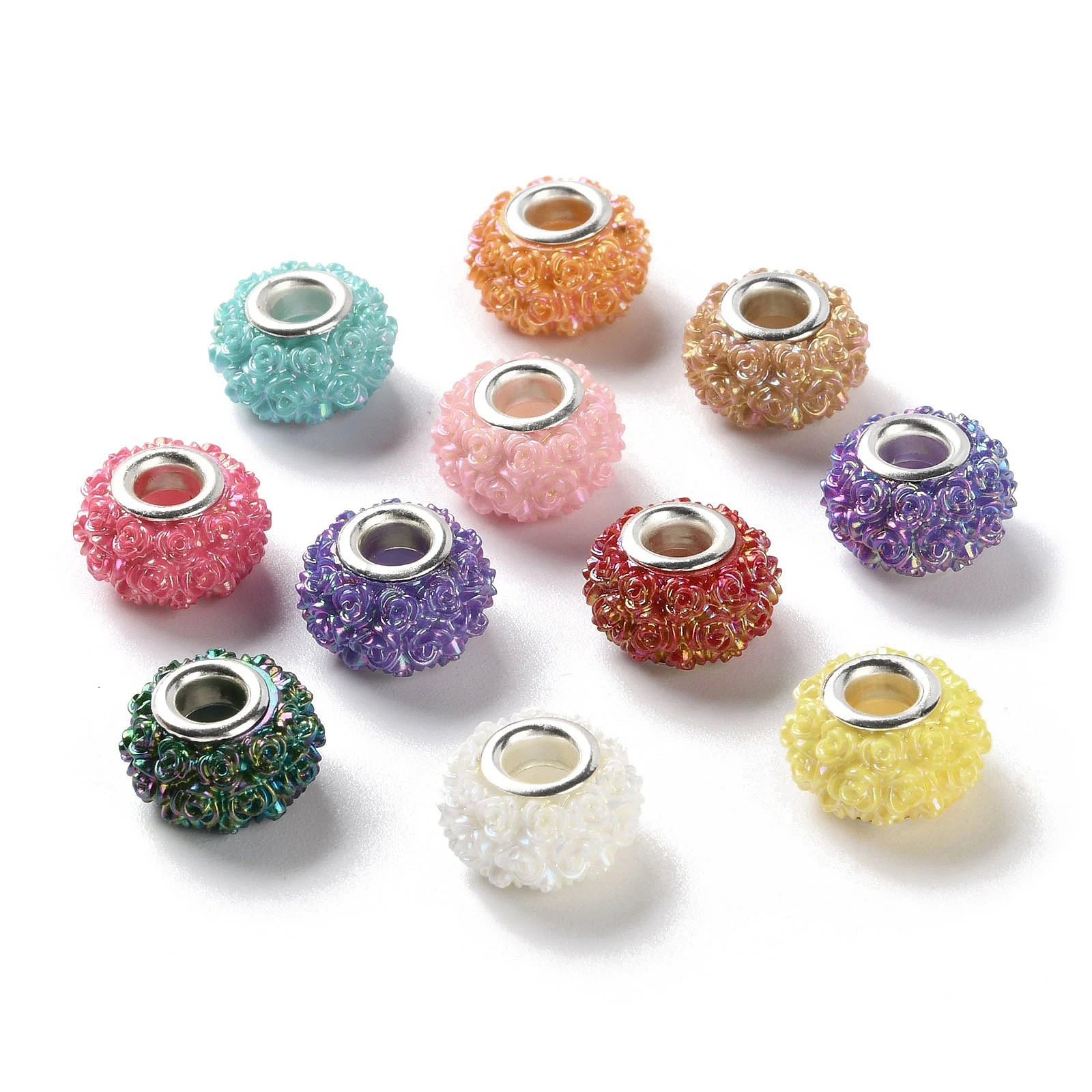 100pcs AB Color Resin Rose Flower European Beads Rondelle Large Hole Beads with Platinum Tone Alloy Double Cores DIY Jewelry