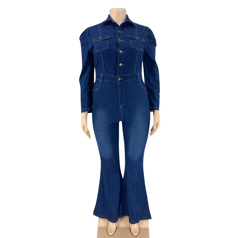 Women Fashion Denim Jumpsuits Turn Down Collar Long Sleeve Single Breasted Flare Pants Slim Jeans Overalls Casual Rompers