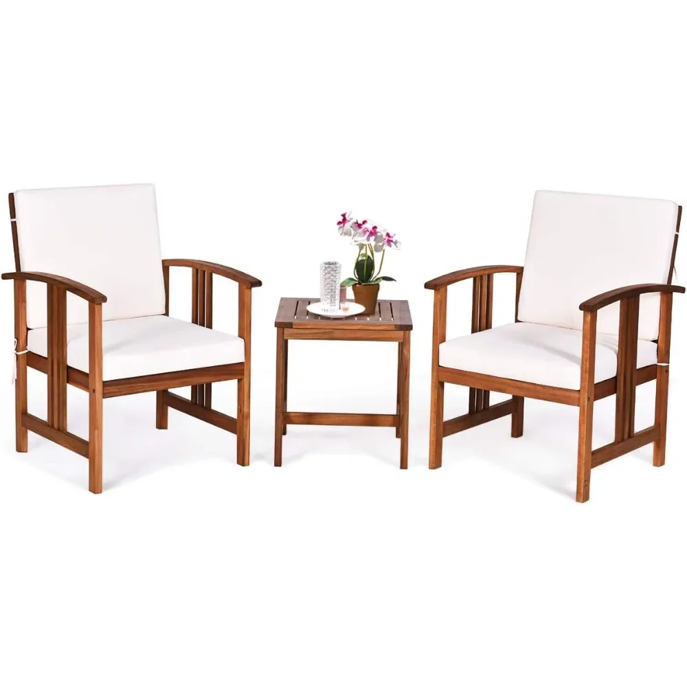 3 Pieces Patio Furniture Set, Includes Set of 2 Outdoor Acacia Wood Cushioned Chairs and Coffee Table, for Garden, Backyard