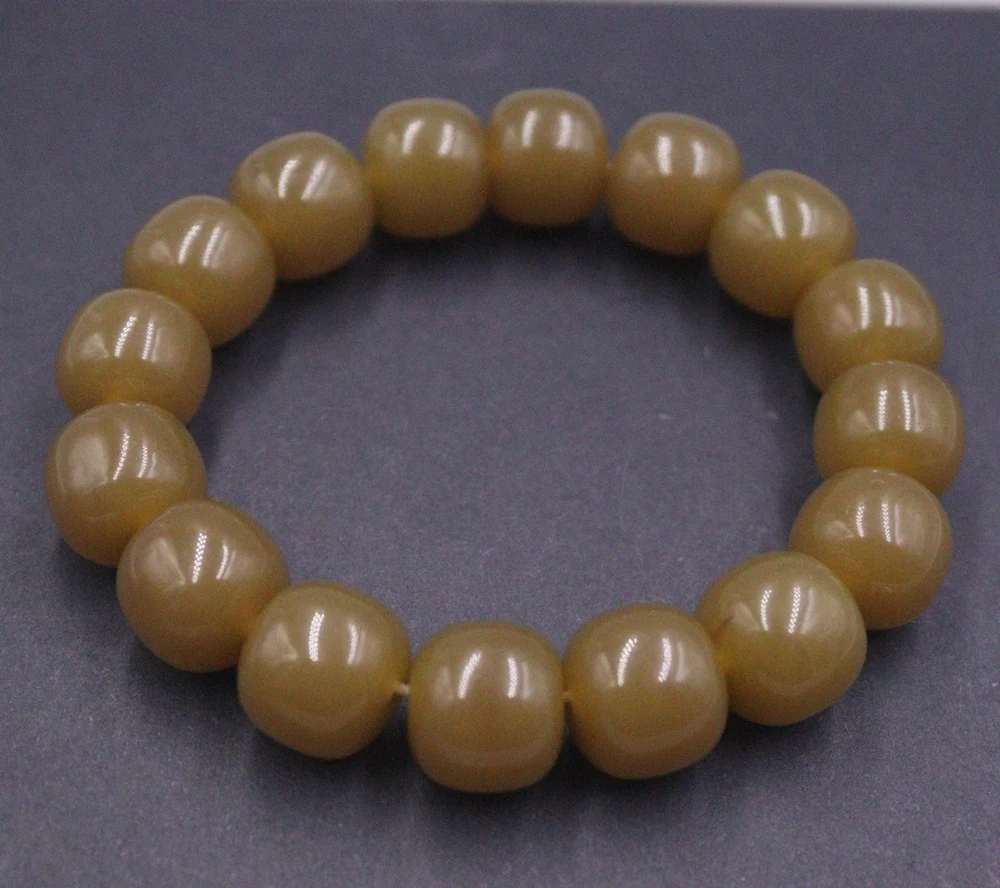 Natural Jade Men Women Gift Lucky 14mm Wide Caramel Color Round Beaded Bracelet