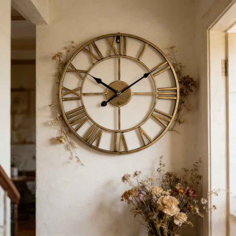 Retro Gold Roman Numeral Hollowed out Wall Clock, Modern Minimalist Fashion Metal Wall Clock for Living Rooms and Study Rooms