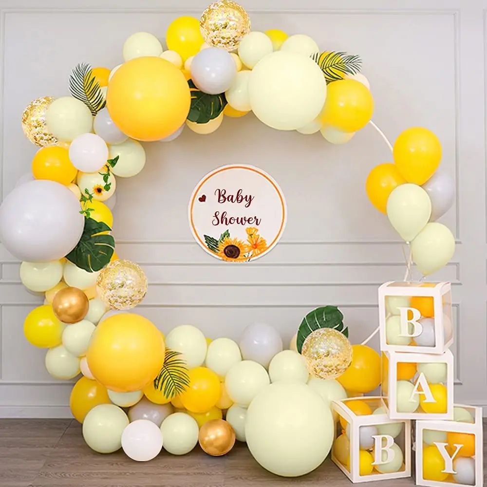 102PCS Macaroon Yellow Balloon Garland for Wedding Baby Shower Children Girl Birthday Decoration with Artificial Sunflower Vine