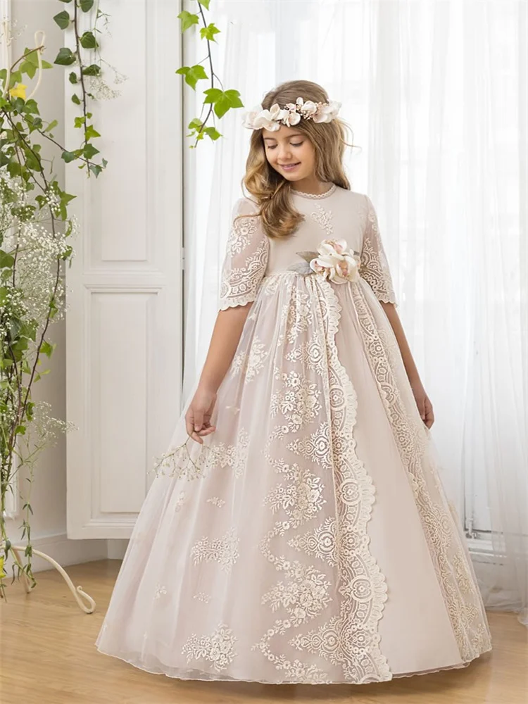 Vestidos floridos para meninas, Meia manga, Applique de renda, Tule, Fofo, Até o chão, Primeira Comunhão, Vestidos de princesa para casamento