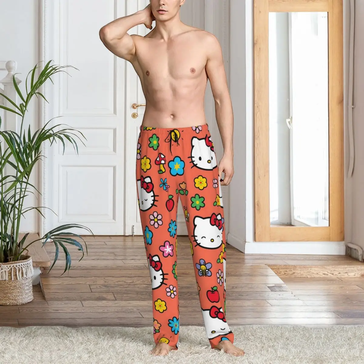 Custom Printed Men's Hello Kitty Pajama Pants Cute Cat Sleepwear Sleep Lounge Bottoms with Pockets