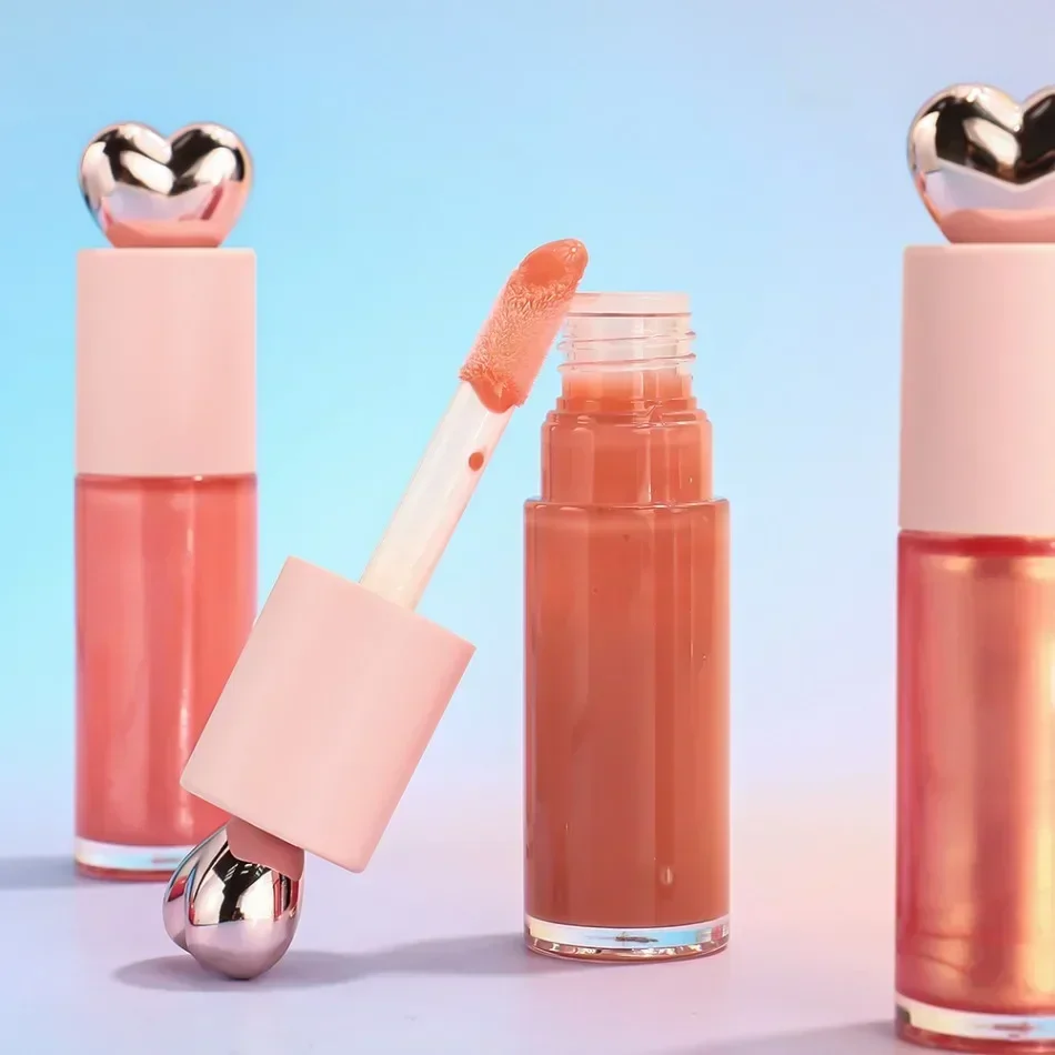 Brilho labial de marca própria, pigmento de longa duração, antiaderente, à prova d'água, logotipo personalizado, maquiagem em massa, livre de crueldade, tampa rosa em forma de coração