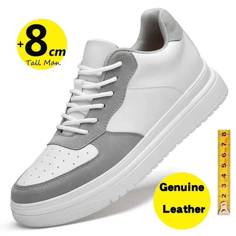 Zapatillas de deporte de cuero genuino para hombre, zapatos de aumento de altura transpirables, plantilla de aumento de 8cm, elevador de taller