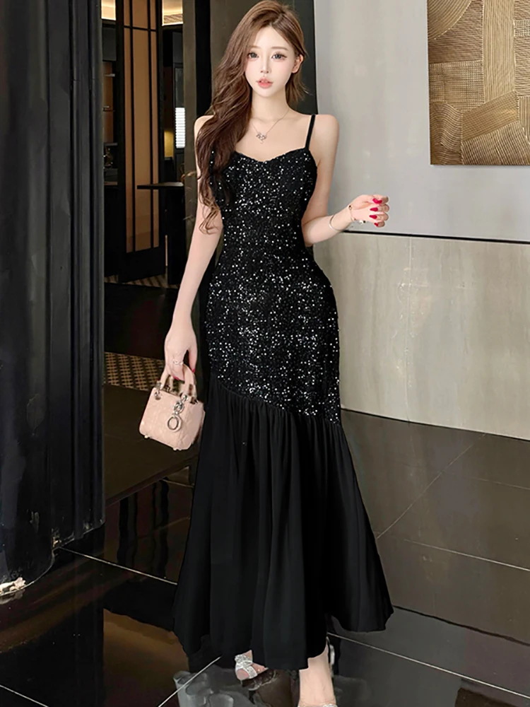 

Spring Autumn Black Sequins Patchwork Ruffled Long Dress Women Elegant Luxury Sling Sexy Dresses 2025 Korean Bodycon Dress Gown