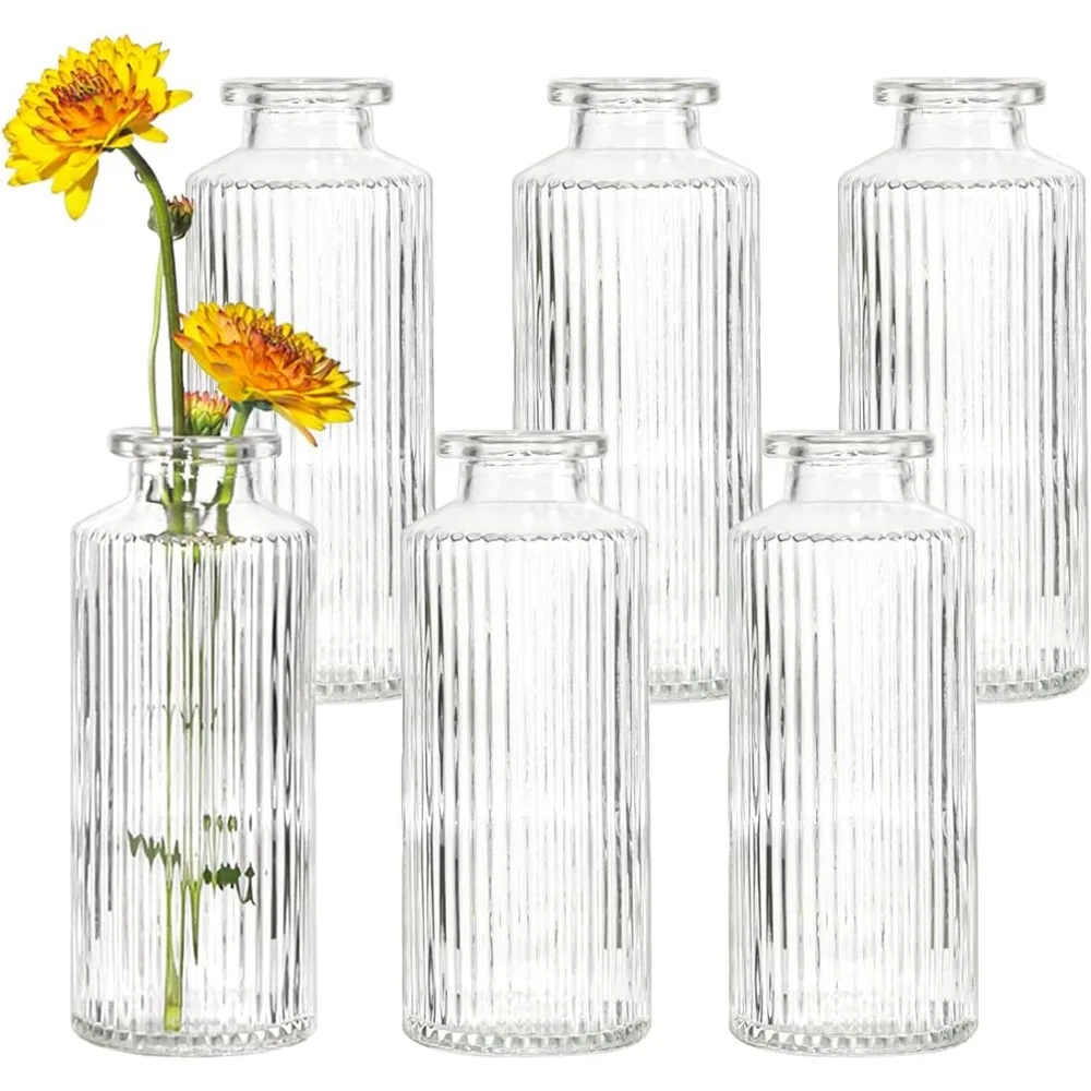 

Clear Glass Bud Vase Set, Small Decorative Bottle Flower Vases, Housewarming Gift, Ribbed, 6pcs Mini Vintage Flower Vases